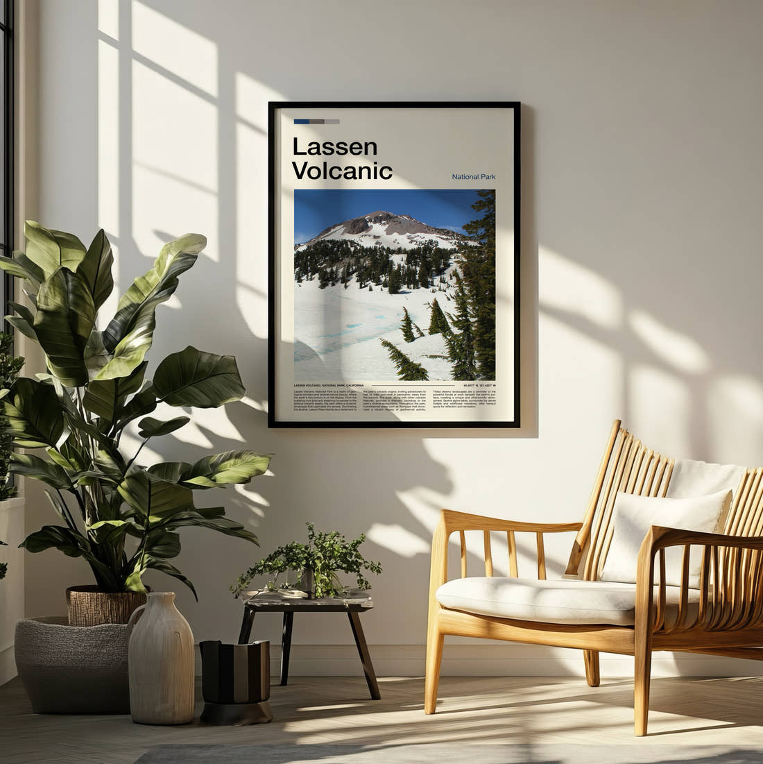Lassen Volcanic Snowy Peak And Pines Travel Print framed on a pale wall beside houseplants
