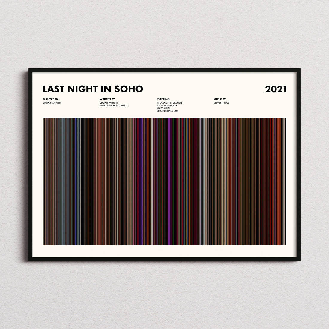Last Night In Soho Movie Barcode Poster framed and photographed straight on