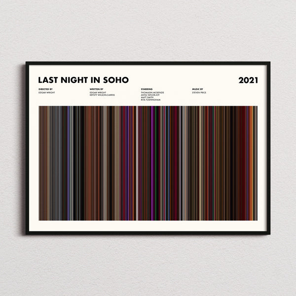 Last Night In Soho Movie Barcode Poster framed and photographed straight on