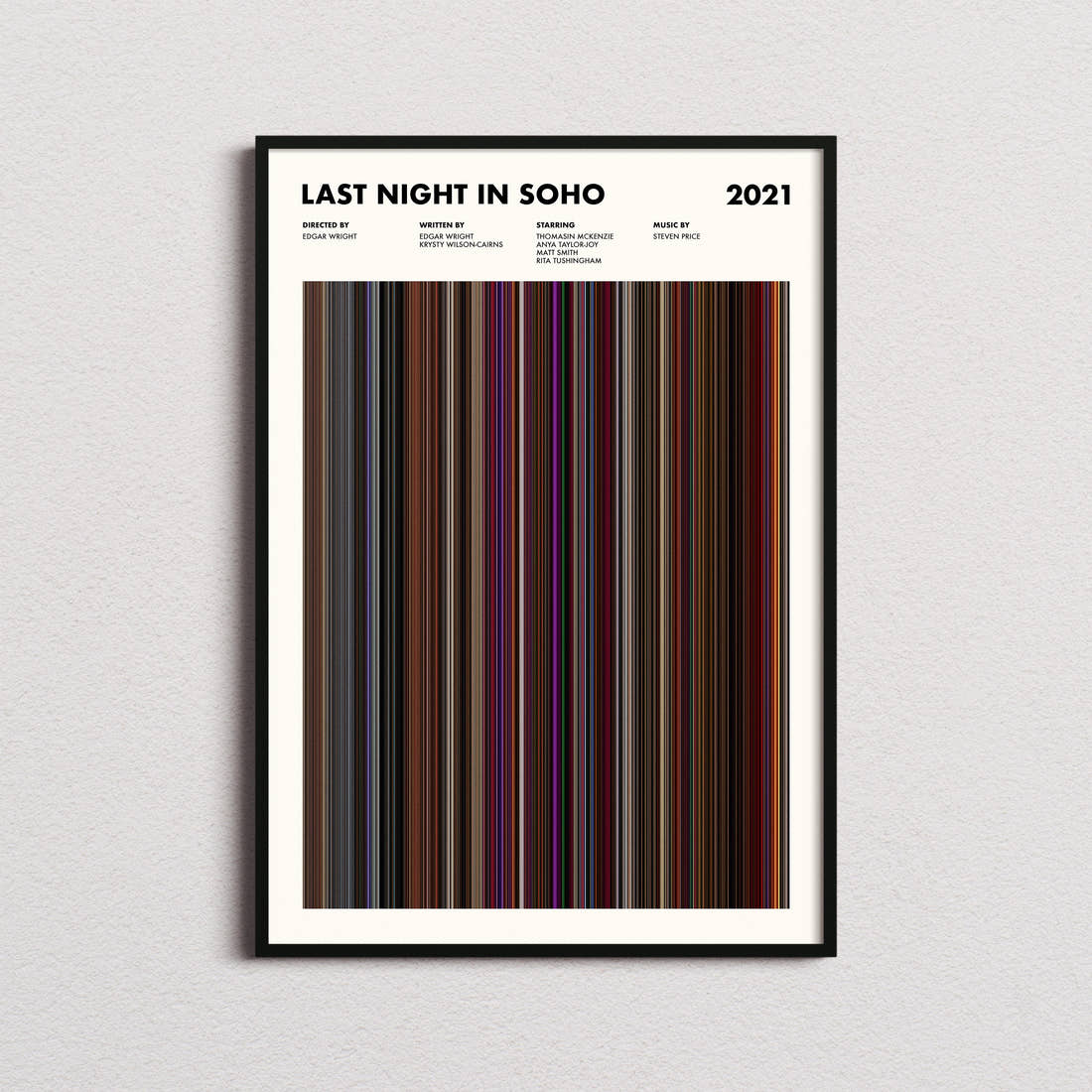 Last Night In Soho Movie Barcode Poster framed on a plain studio wall