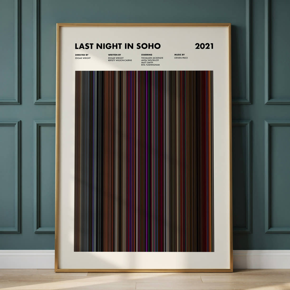Last Night In Soho Movie Barcode Poster framed and leaning against a panelled wall