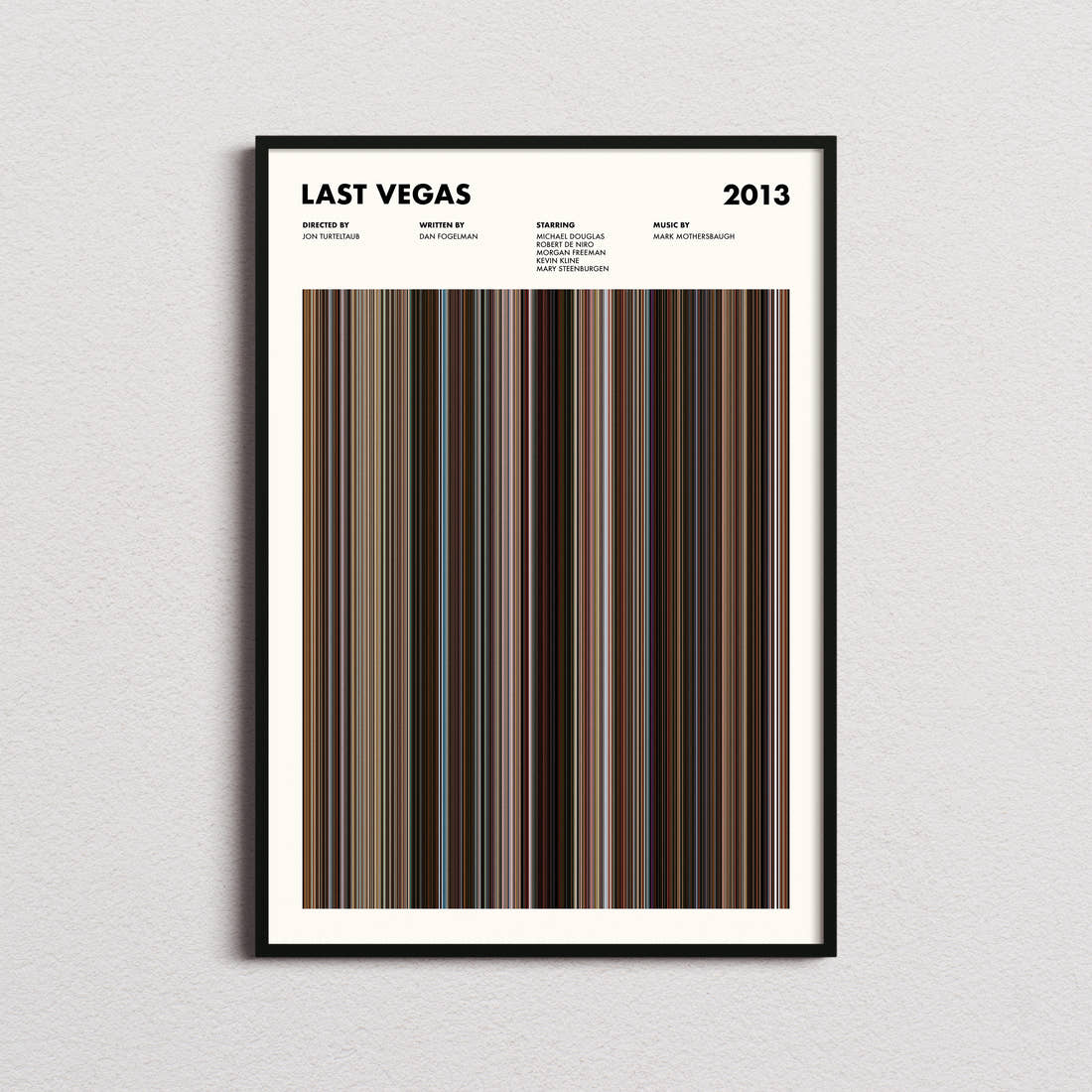 Last Vegas Movie Barcode Poster framed on a plain studio wall