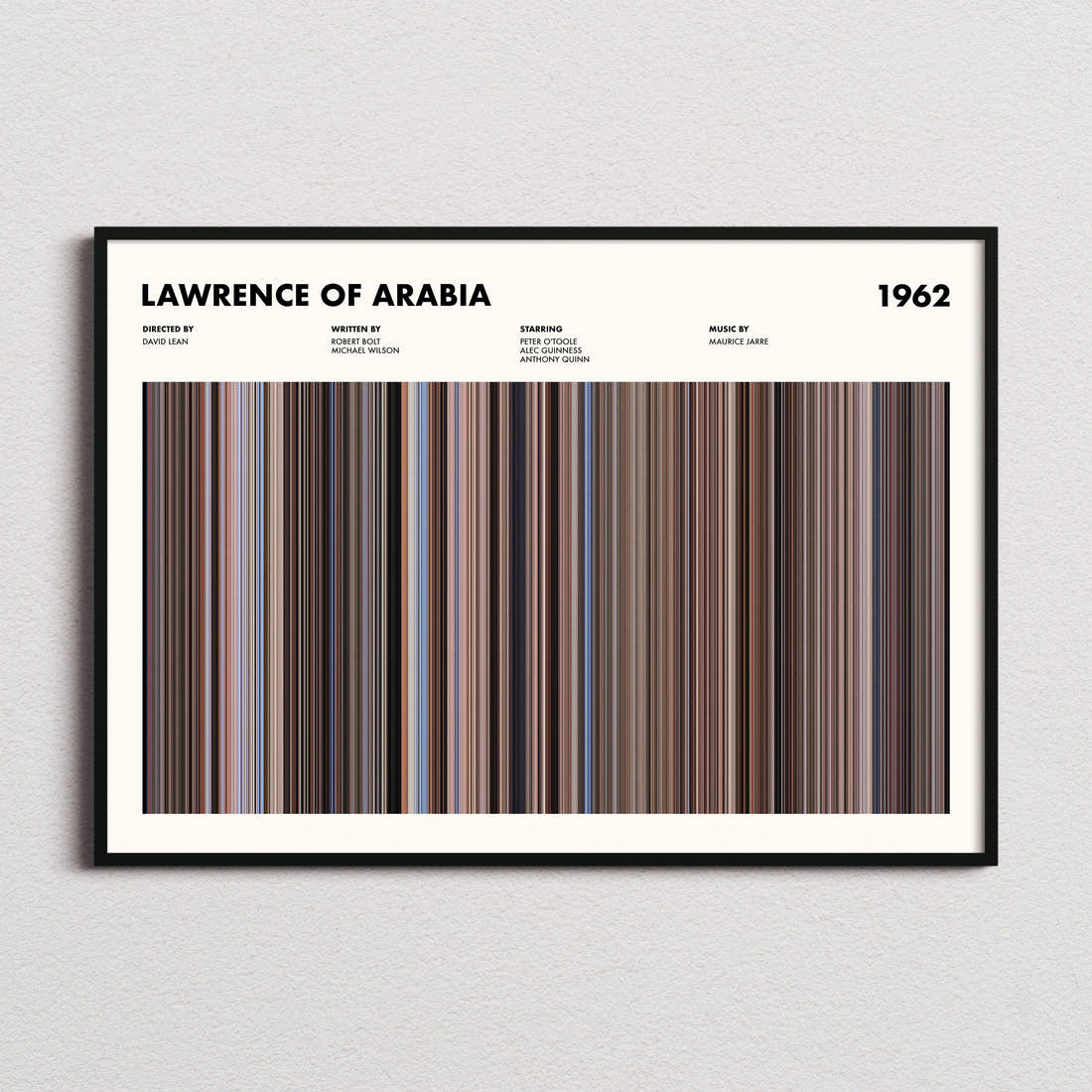 Lawrence of Arabia Movie Barcode Poster framed and photographed straight on