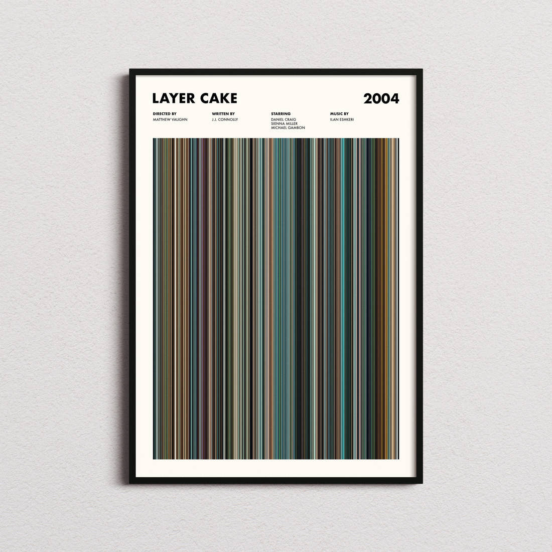 Layer Cake Movie Barcode Poster framed on a plain studio wall