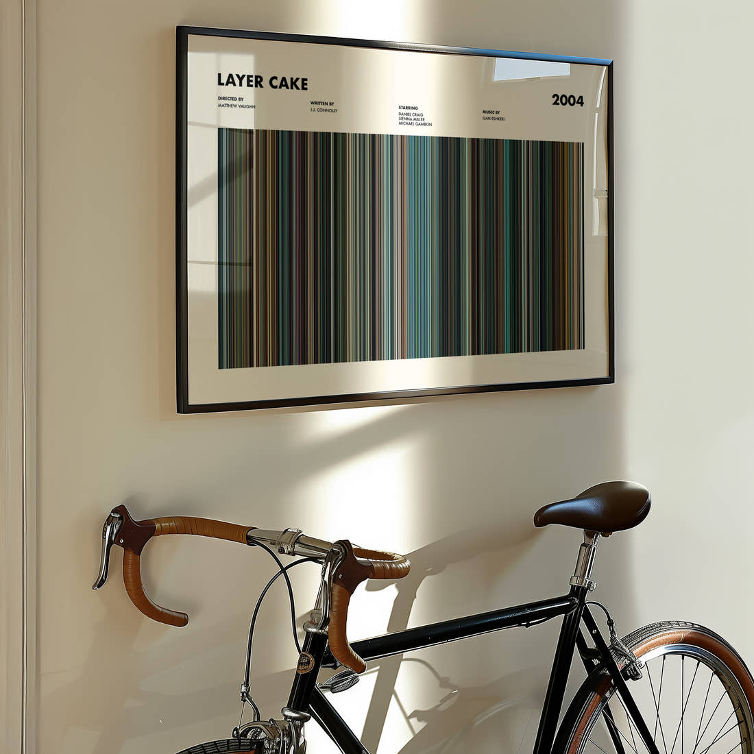 Layer Cake Movie Barcode Poster framed on the wall of a styled room setting