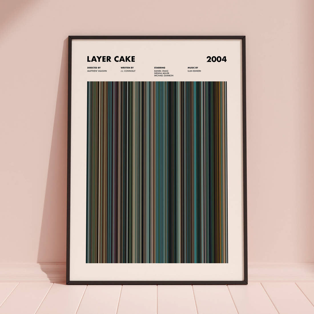 Layer Cake Movie Barcode Poster framed and leaning against a coloured wall