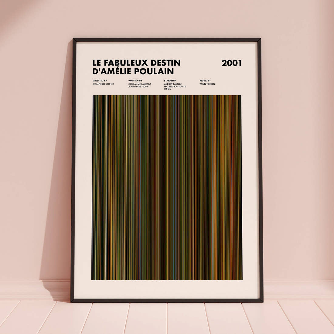 Le Fabuleux Destin d'Amelie Poulain Movie Barcode Poster framed and leaning against a coloured wall