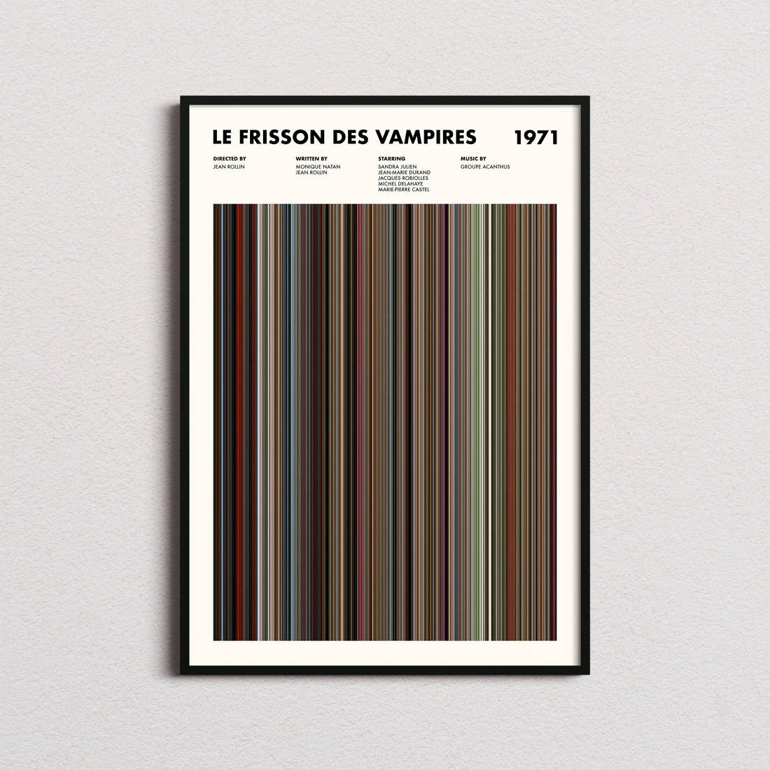 Le Frisson Des Vampires Movie Barcode Poster framed on a plain studio wall