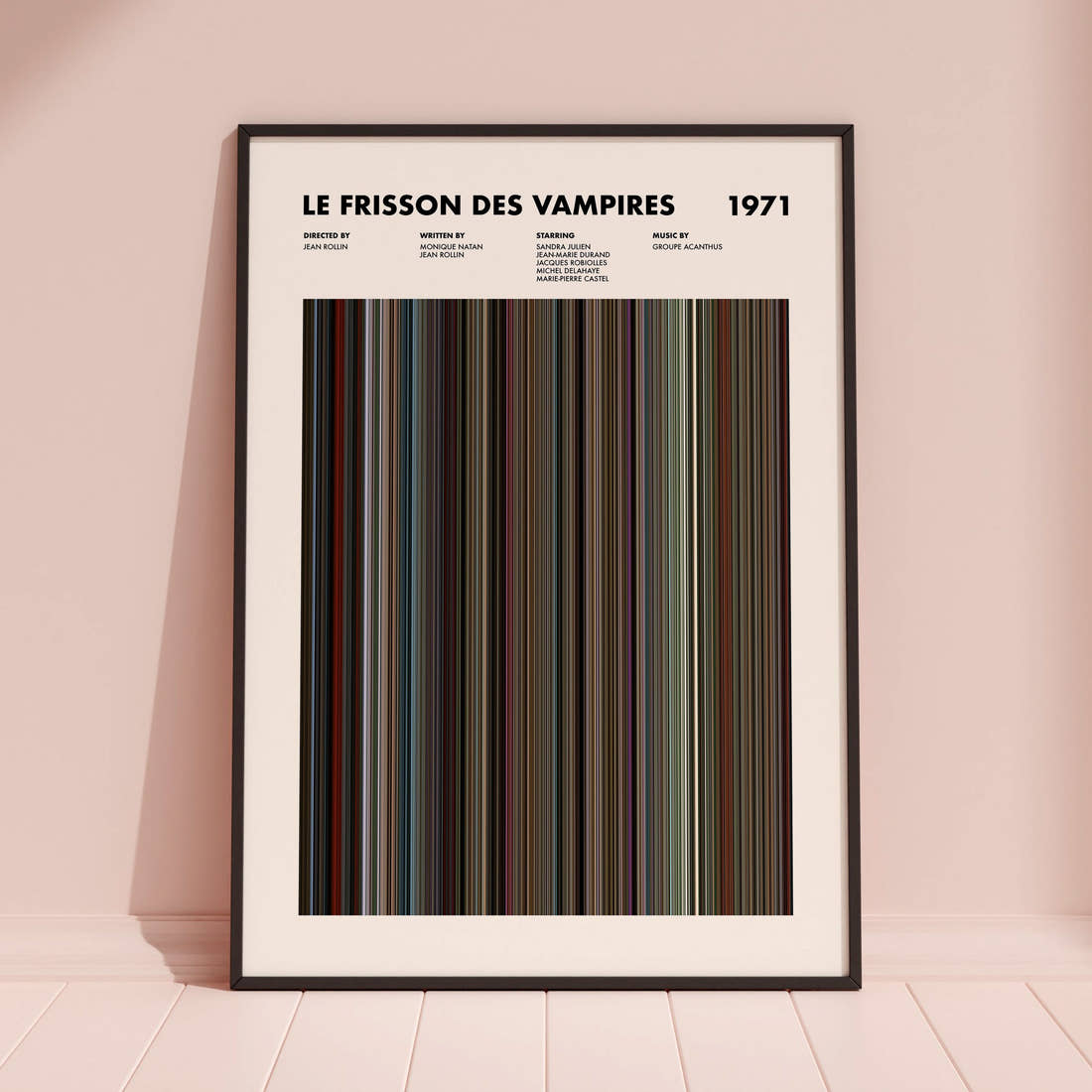 Le Frisson Des Vampires Movie Barcode Poster framed and leaning against a coloured wall