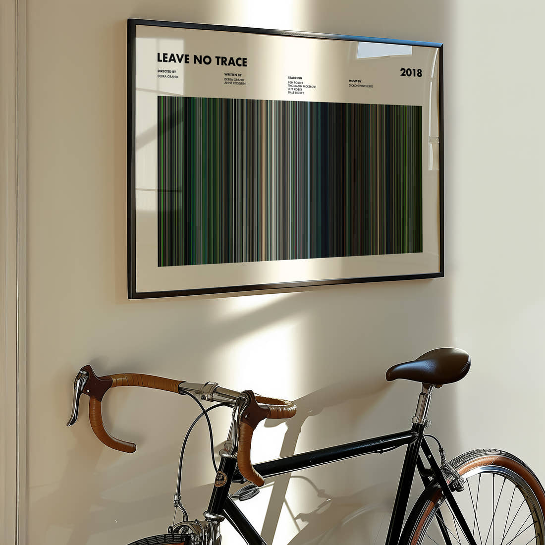 Leave No Trace Movie Barcode Poster framed on the wall of a styled room setting