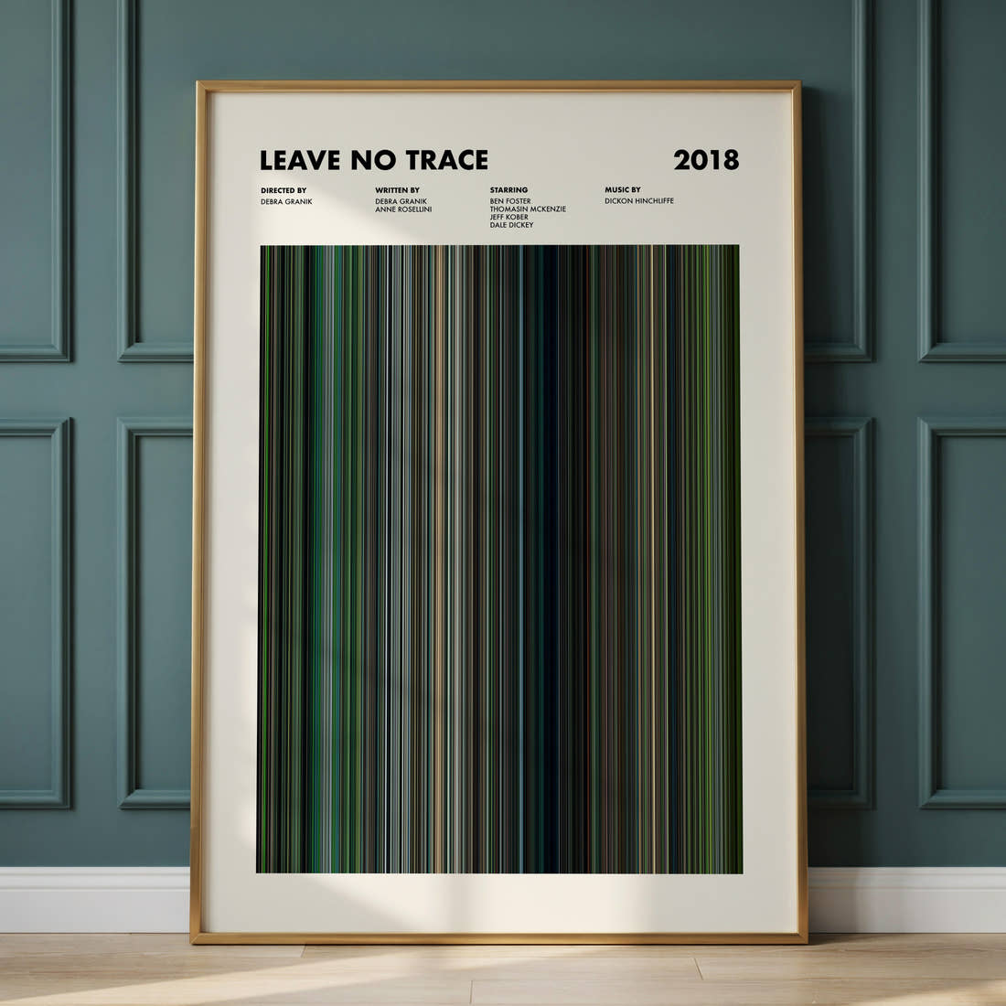 Leave No Trace Movie Barcode Poster framed and leaning against a panelled wall