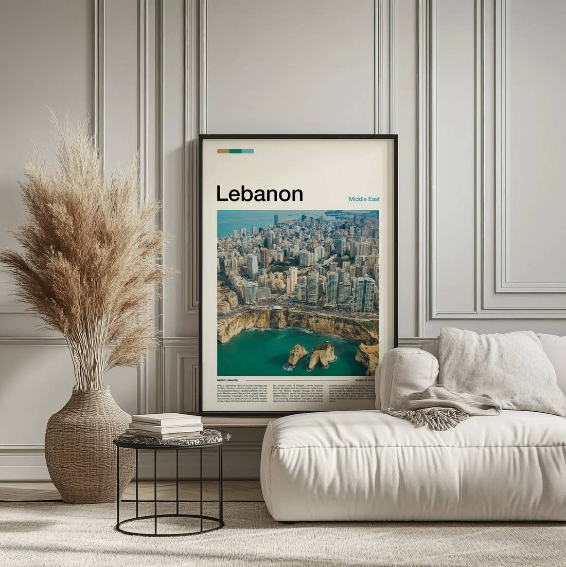 Lebanon Coastline From Above Travel Print framed on the wall of a calm, neutral bedroom
