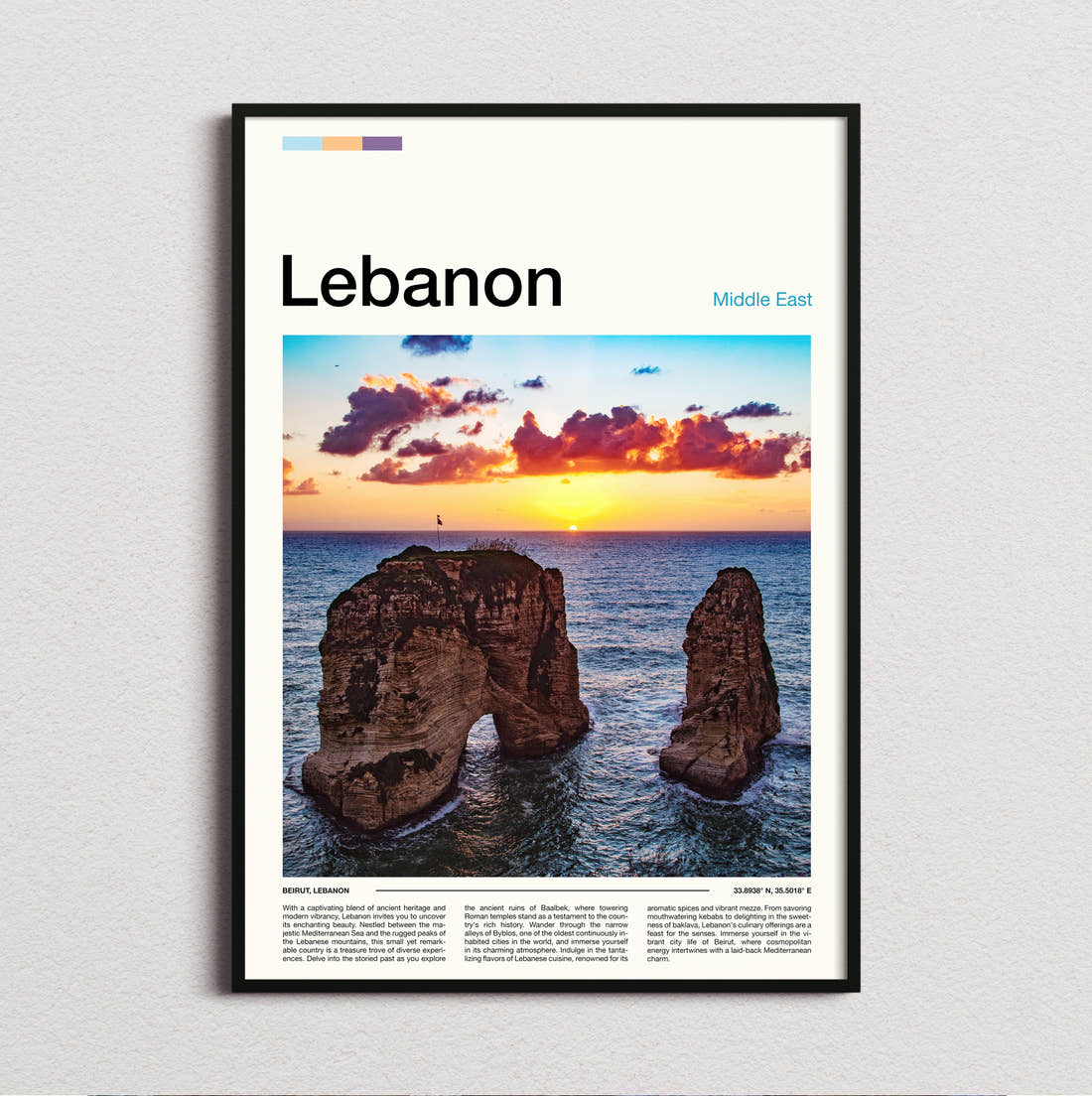 Lebanon Pigeon Rocks Travel Print framed and photographed straight on