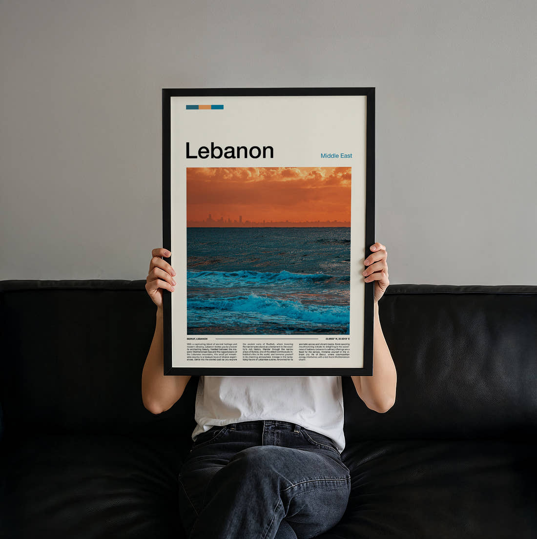 Lebanon Sea At Sunset Travel Print held up by hand to show the size of the print