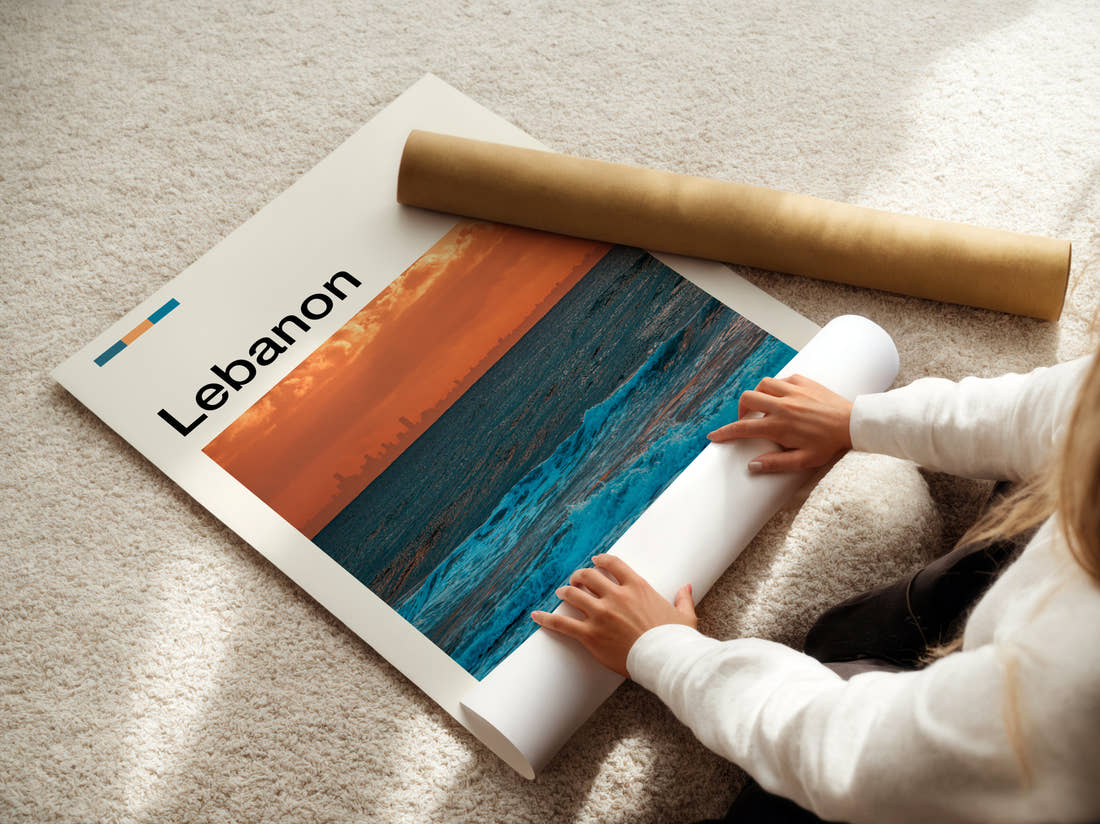Lebanon Sea At Sunset Travel Print being unrolled from its postal tube