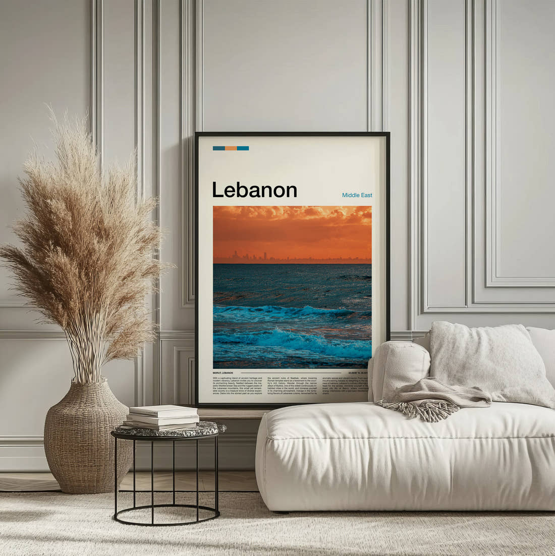 Lebanon Sea At Sunset Travel Print framed on the wall of a calm, neutral bedroom