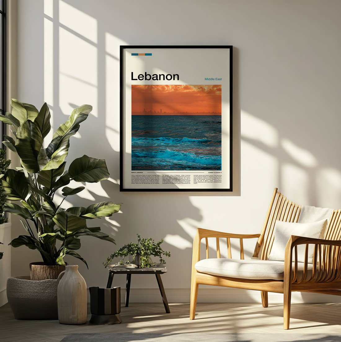 Lebanon Sea At Sunset Travel Print framed on a pale wall beside houseplants