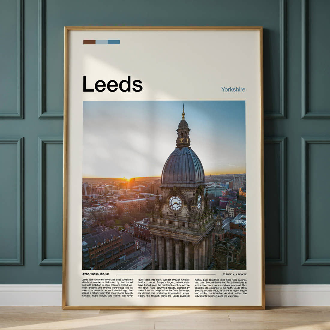 Leeds Clock Tower At Sunset Travel Print framed on the wall of a calm, neutral bedroom