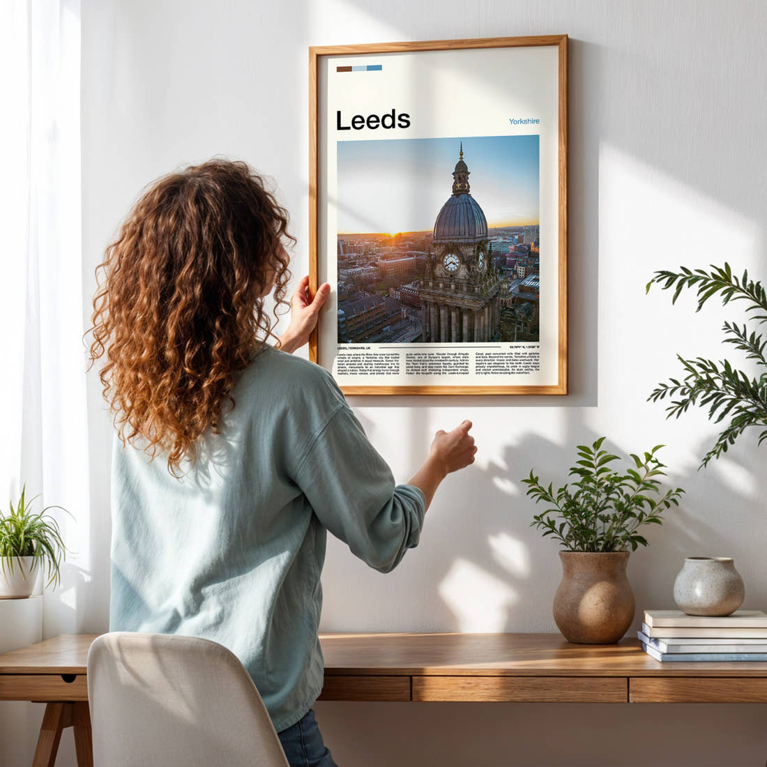 Leeds Clock Tower At Sunset Travel Print framed on a pale wall beside houseplants