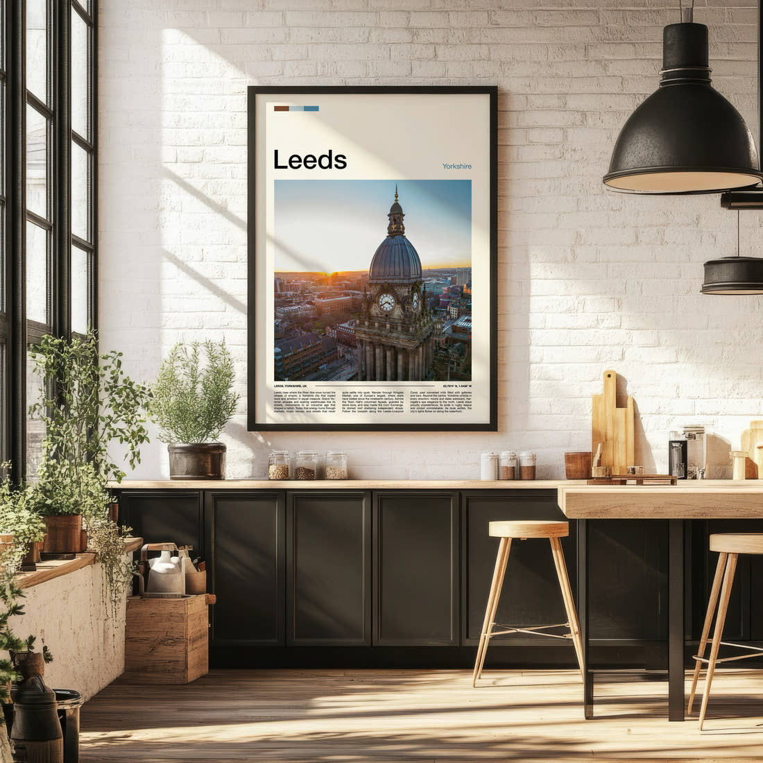 Leeds Clock Tower At Sunset Travel Print framed on the wall of a bright kitchen and dining space