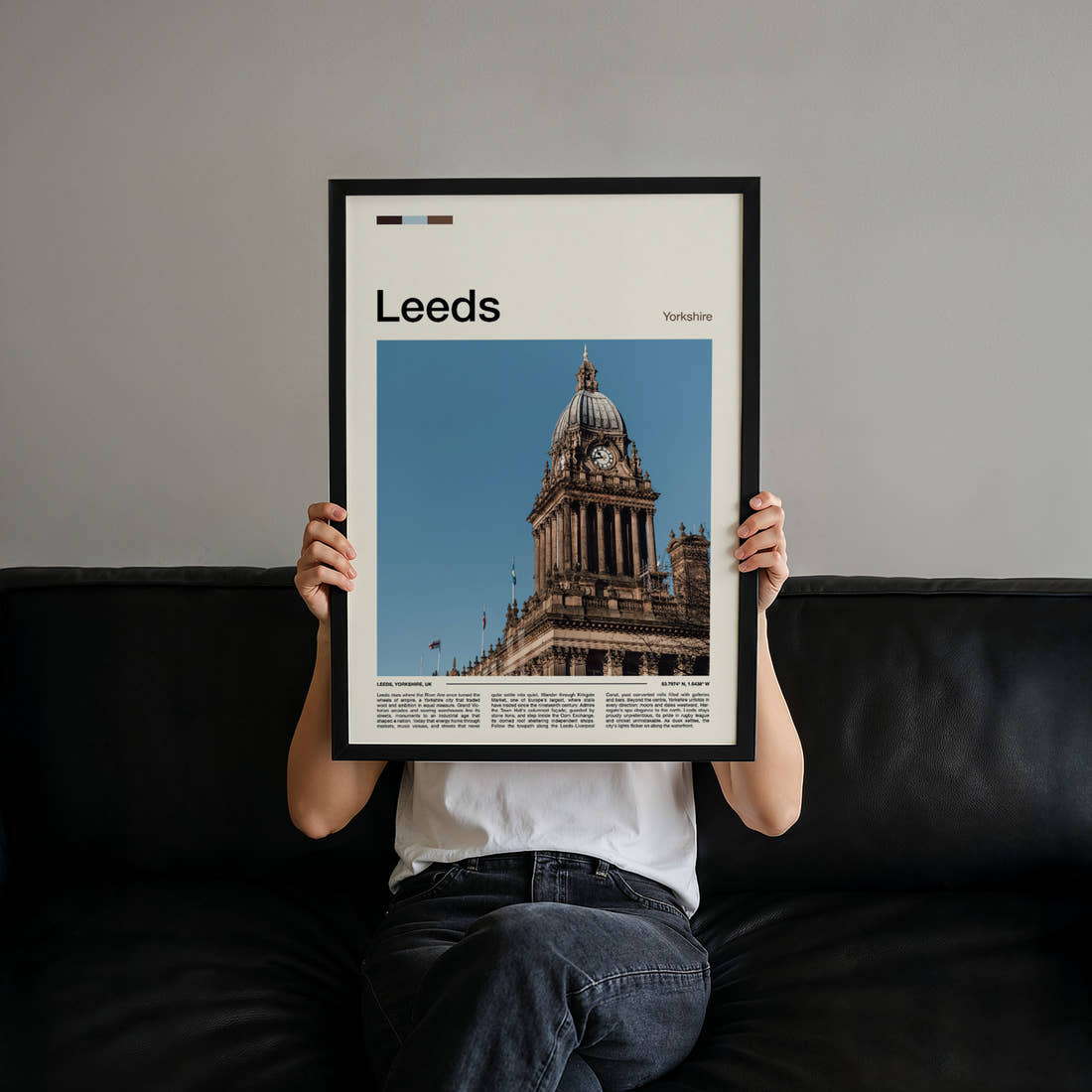 Leeds Clock Tower Dome Travel Print held up by hand to show the size of the print