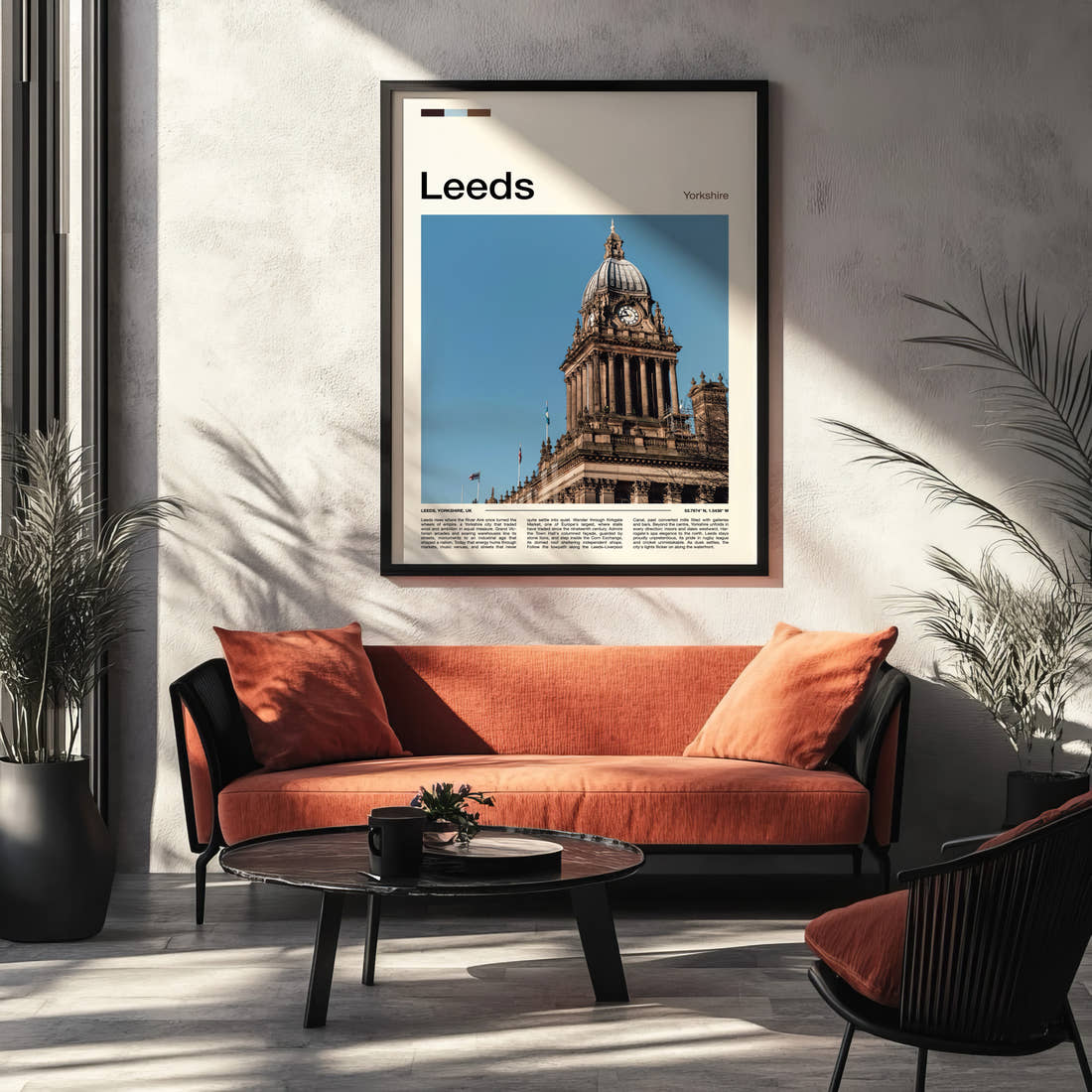 Leeds Clock Tower Dome Travel Print framed on the wall of a modern living room