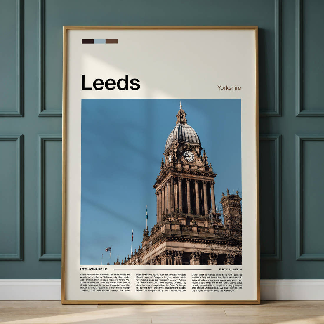 Leeds Clock Tower Dome Travel Print framed on the wall of a calm, neutral bedroom