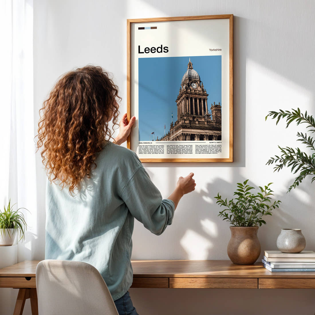 Leeds Clock Tower Dome Travel Print framed on a pale wall beside houseplants