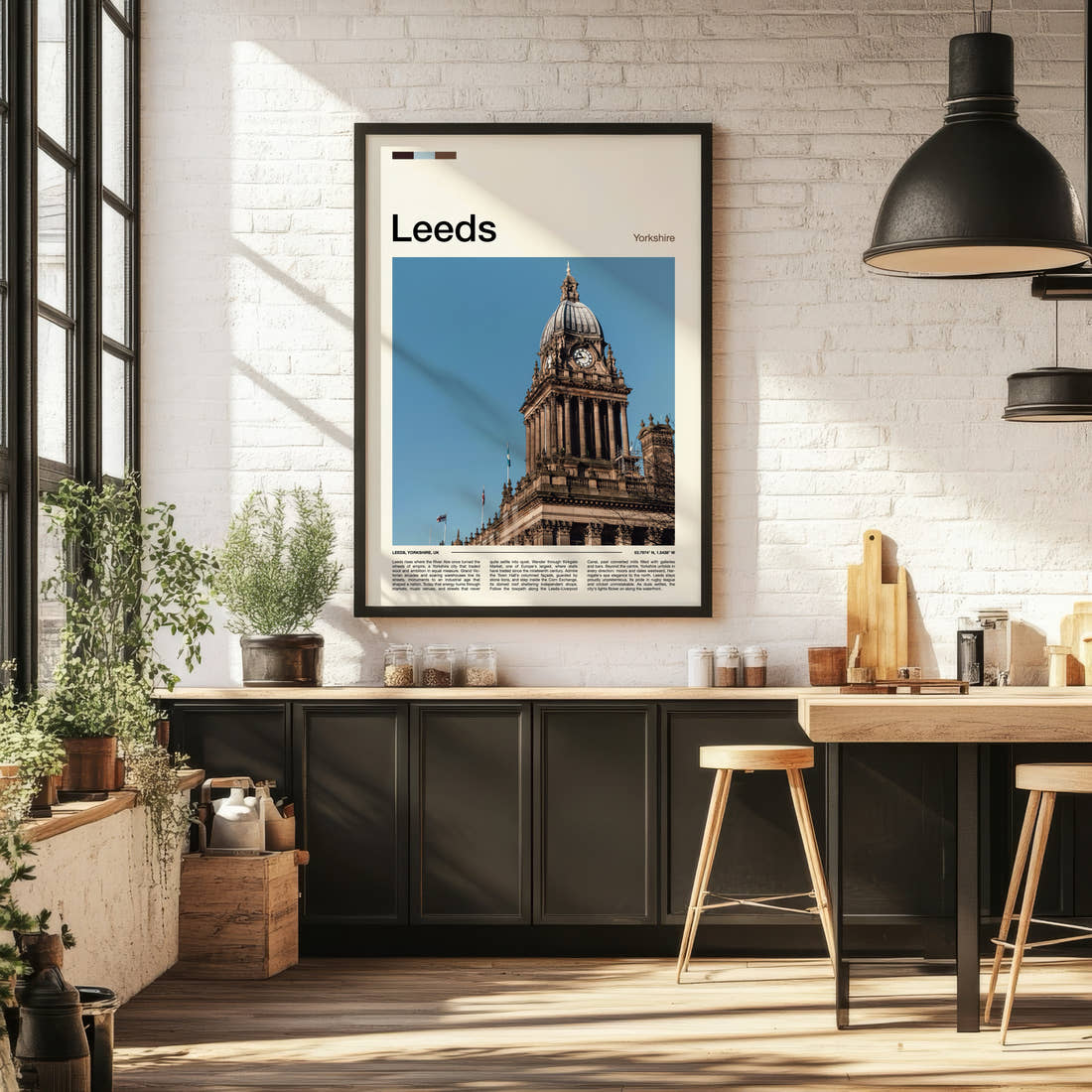 Leeds Clock Tower Dome Travel Print framed on the wall of a bright kitchen and dining space