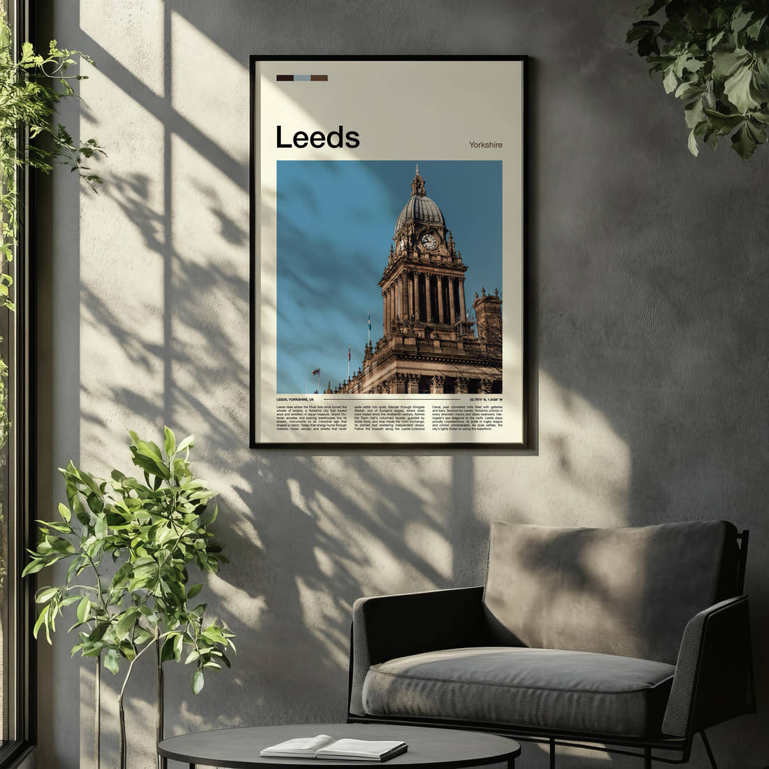 Leeds Clock Tower Dome Travel Print framed on the wall of a relaxed living room