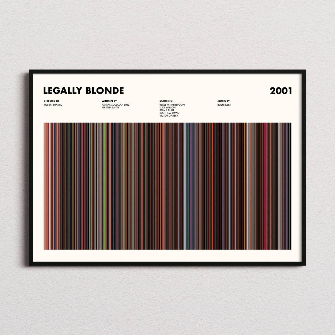 Legally Blonde Movie Barcode Poster framed and photographed straight on