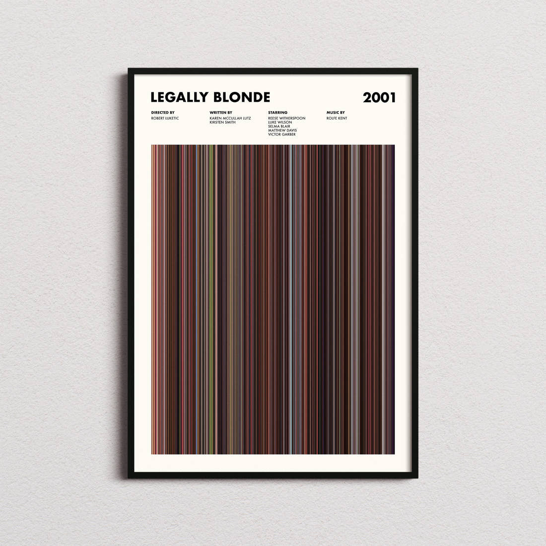 Legally Blonde Movie Barcode Poster framed on a plain studio wall
