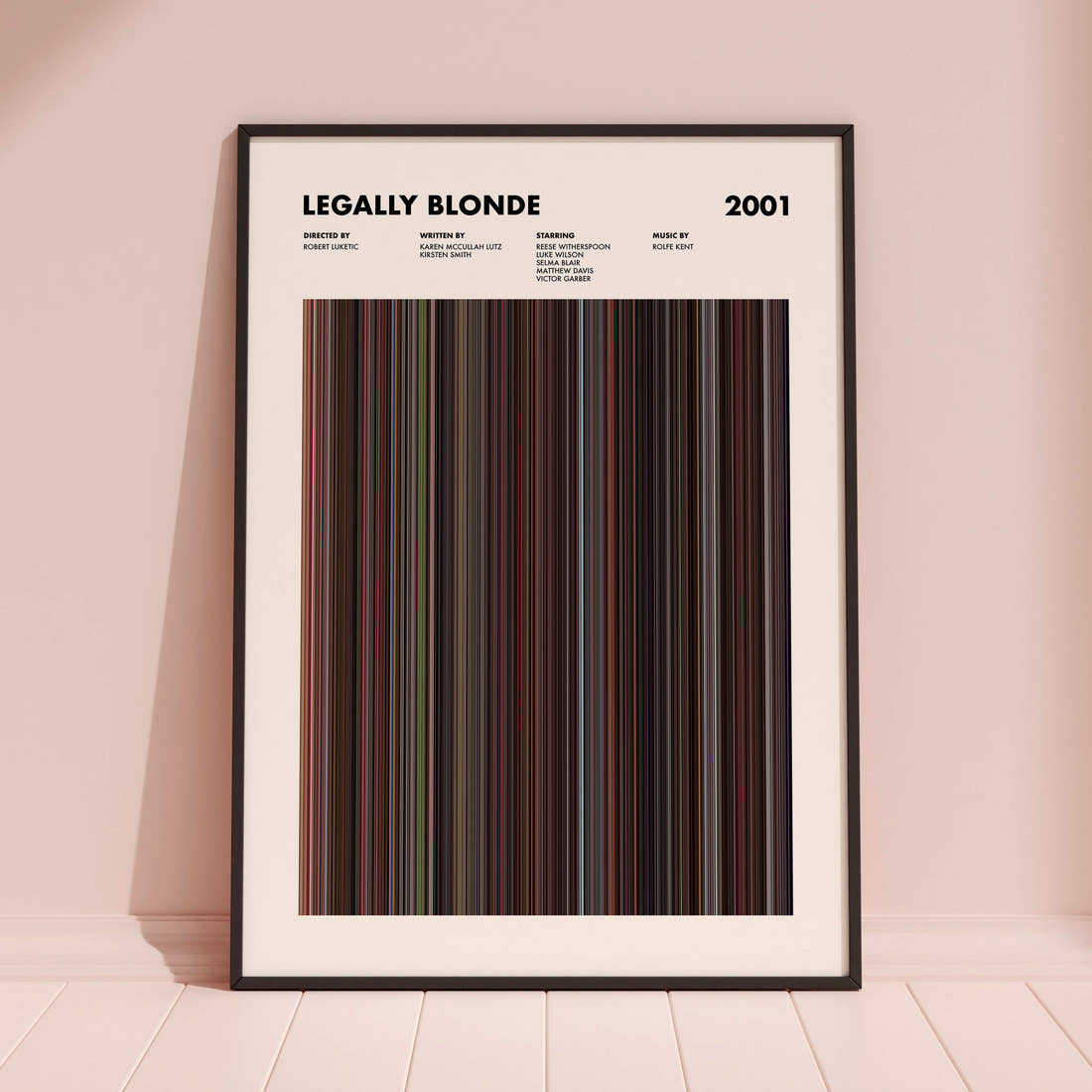 Legally Blonde Movie Barcode Poster framed and leaning against a coloured wall