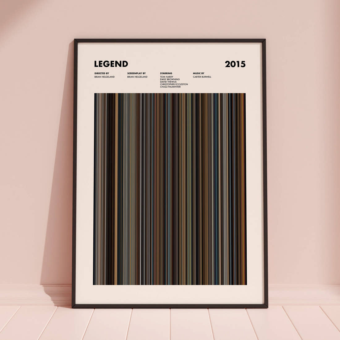 Legend Movie Barcode Poster framed and leaning against a coloured wall