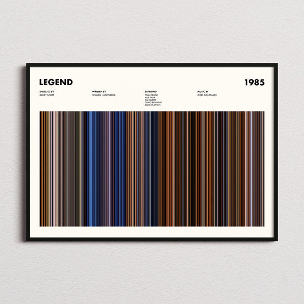Legend 1985 Movie Barcode Poster framed and photographed straight on