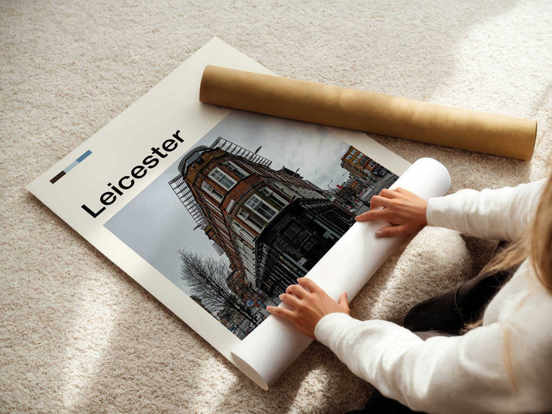 Leicester Corner Building Junction Travel Print being unrolled from its postal tube
