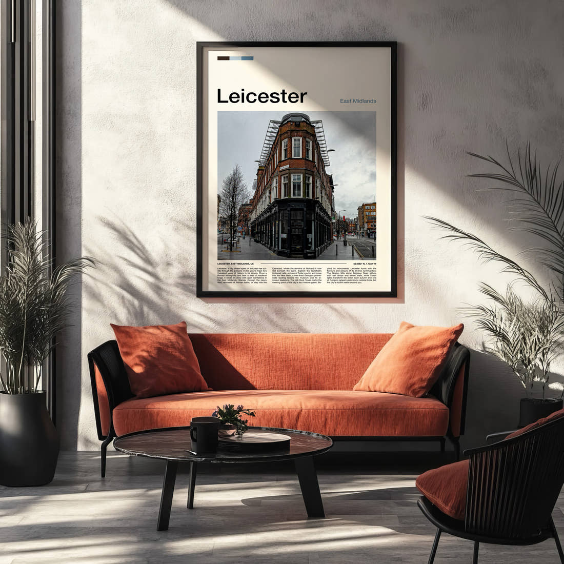 Leicester Corner Building Junction Travel Print framed on the wall of a modern living room
