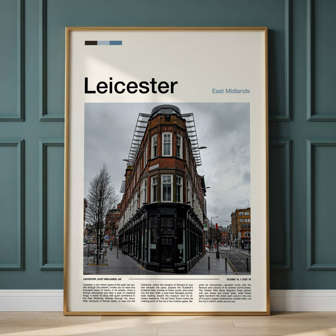 Leicester Corner Building Junction Travel Print framed on the wall of a calm, neutral bedroom