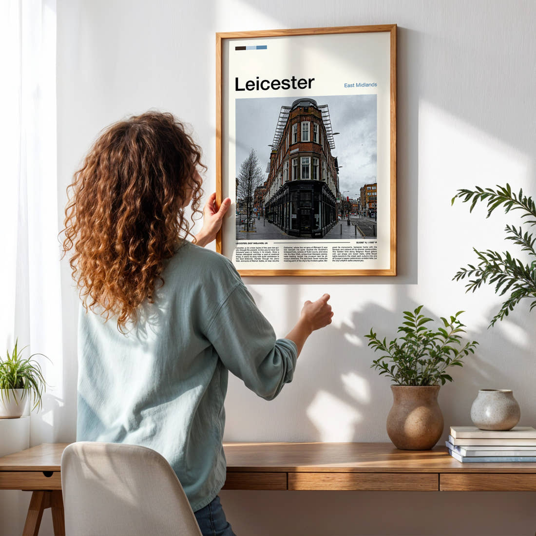 Leicester Corner Building Junction Travel Print framed on a pale wall beside houseplants