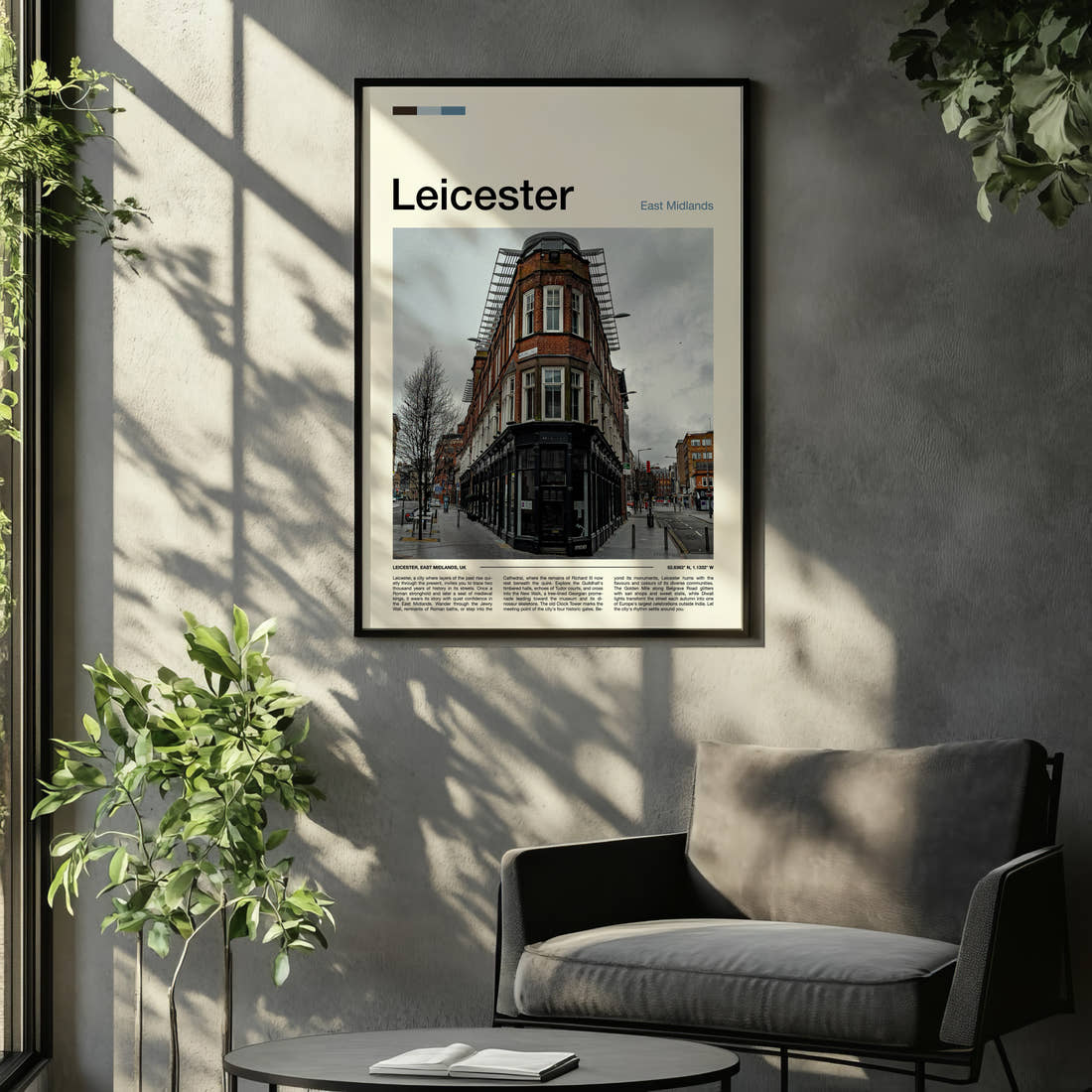 Leicester Corner Building Junction Travel Print framed on the wall of a relaxed living room