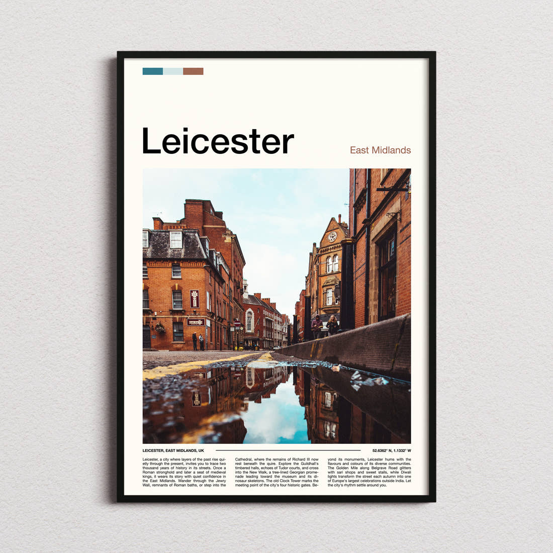 Leicester Cobbled Street Reflection Travel Print framed and photographed straight on