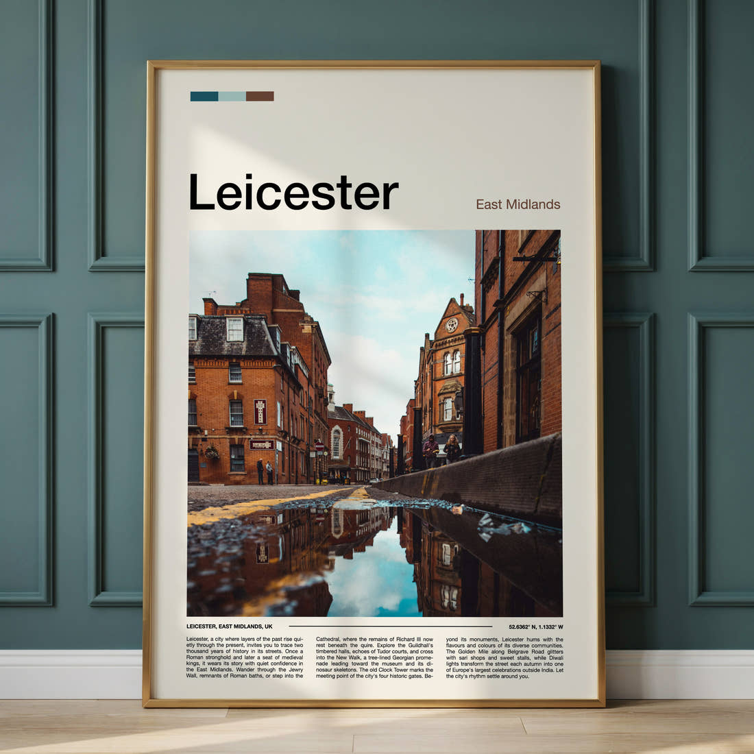 Leicester Cobbled Street Reflection Travel Print framed on the wall of a calm, neutral bedroom