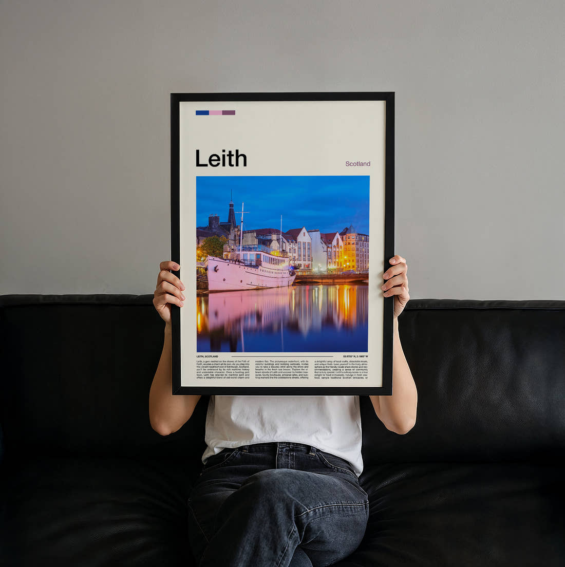 Leith Moored Ship At Dusk Travel Print held up by hand to show the size of the print