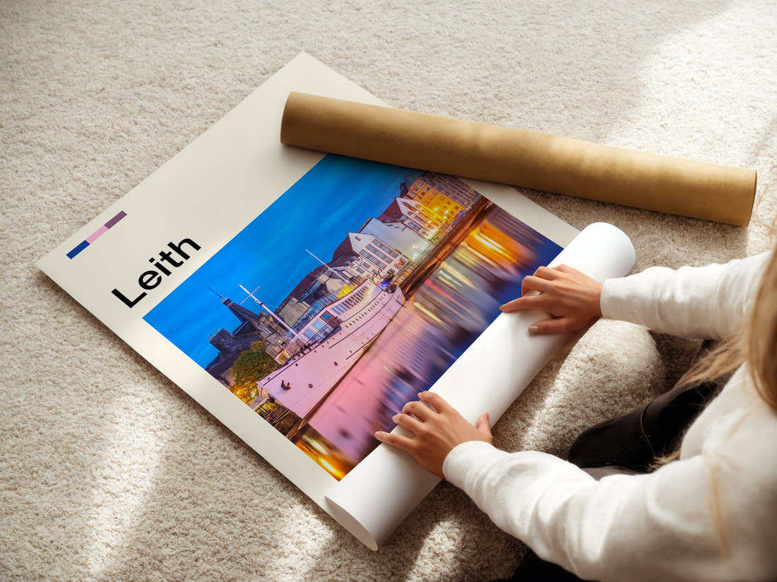 Leith Moored Ship At Dusk Travel Print being unrolled from its postal tube