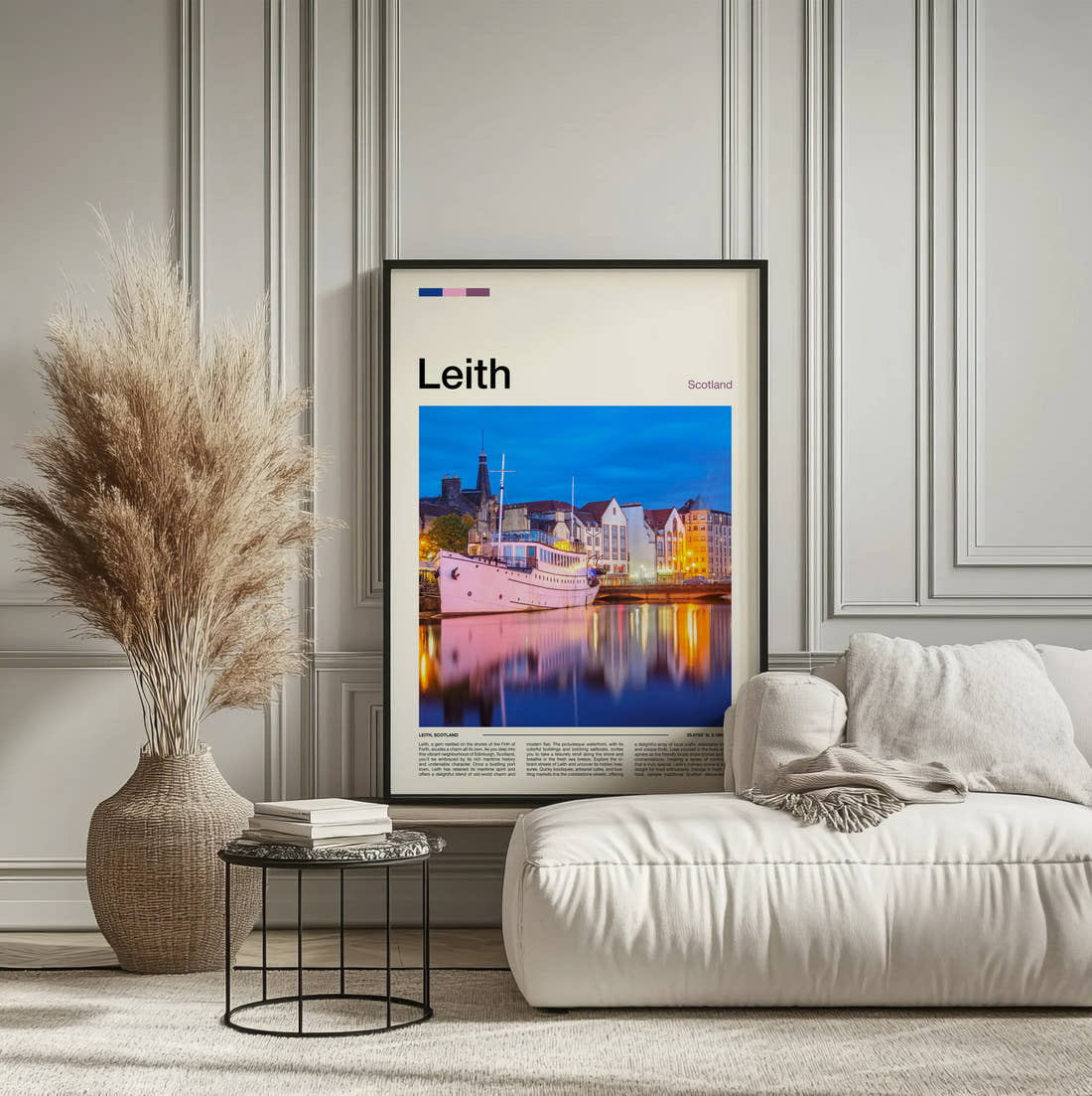 Leith Moored Ship At Dusk Travel Print framed on the wall of a calm, neutral bedroom
