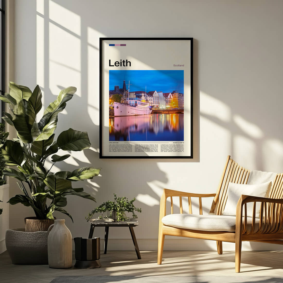Leith Moored Ship At Dusk Travel Print framed on a pale wall beside houseplants