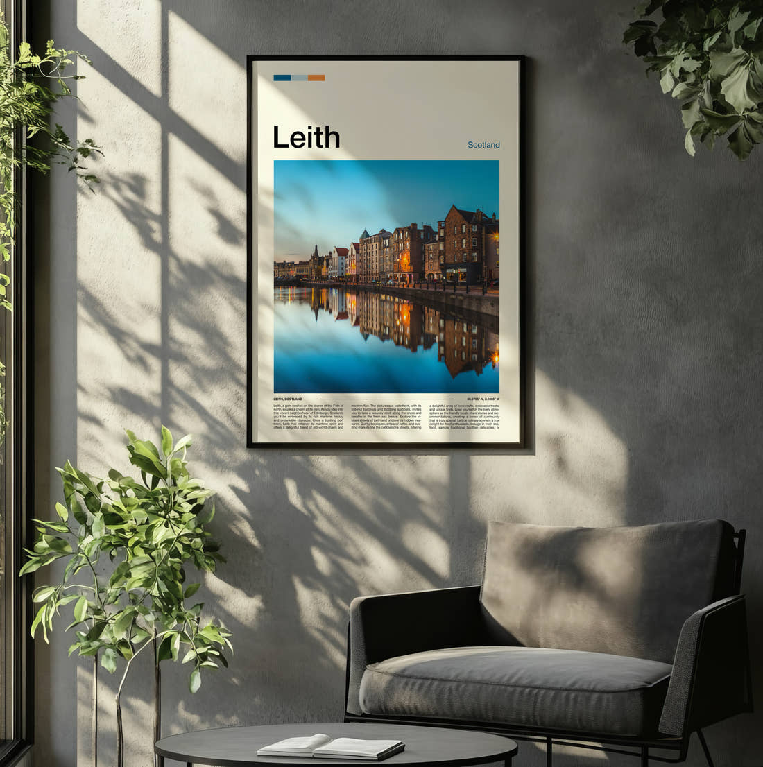 Leith Waterfront Buildings Reflected Travel Print framed on the wall of a relaxed living room
