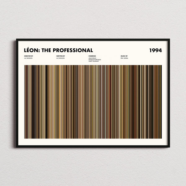 Léon: The Professional Movie Barcode Poster framed and photographed straight on