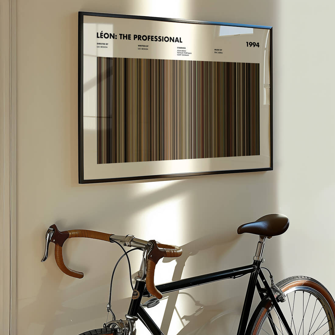 Léon: The Professional Movie Barcode Poster framed on the wall of a styled room setting