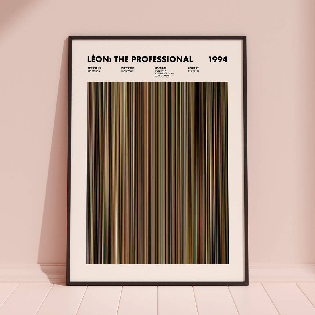Léon: The Professional Movie Barcode Poster framed and leaning against a coloured wall